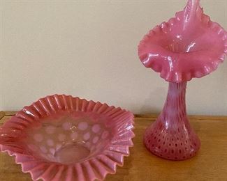 BUY IT NOW! $85 pair of pink art glass pieces Fenton? crimped edge bowl and ruffled vase