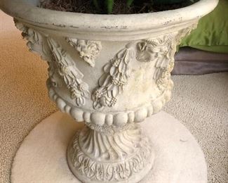 BUY IT NOW! $110 heavily detailed cement urn with faux plant - urn is 24"H x 21"W