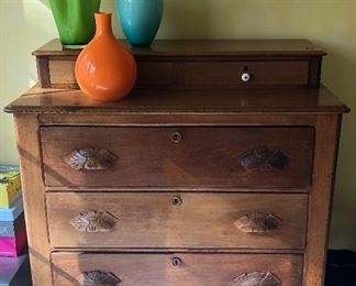 BUY IT NOW! $295 Antique Walnut dresser 3 drawer with step back glove drawers, milk glass knobs. On casters, excellent condition and beautiful patina - size is 39"W x 39"H x 19.5"D