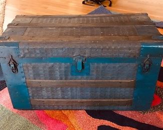 BUY IT NOW! $165 Vintage wood and metal trunk with fabulous plaid lining 30"L x 16"W x 16.5"H