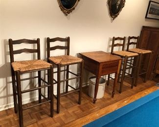 BUY IT NOW! $175 set of 4 barstools, wood ladder back with rush seats - seats are 30" off ground, overall measurements are 41"H x 18"W x 15.5"D