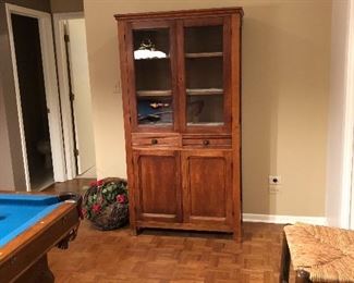 BUY IT NOW! $125 vintage wood hutch with glass doors over 2 drawers and cabinet - 1 pc - 1 glass door has crack in upper corner