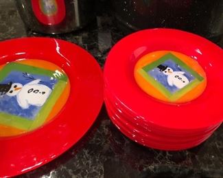 BUY IT NOW! $55 Dibbern Germany fused art glass red Christmas Snowman plates -  13.25" platter & (10) 8.5" plates