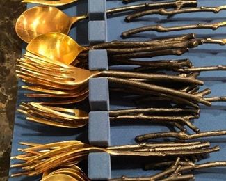 BUY IT NOW! $250 - very hard to find discontinued Pottery Barn Twig Flatware with bronze twig handles and brass finish ends, never used and in excellent condition - total of 42 pcs includes (8) 5 pc. sets + a meat fork and a serving spoon. Set a fabulous autumn table!