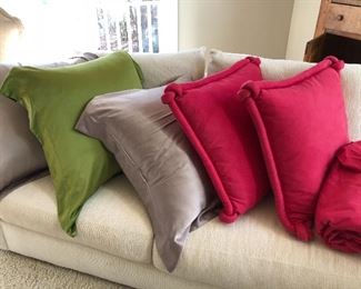 26” down pillows with silk covers & pink ultra suede pillows 