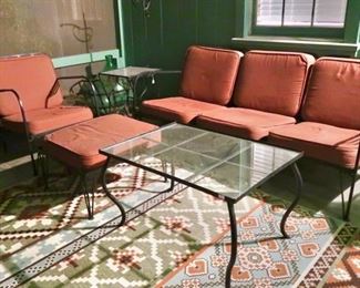 AVAILABLE FOR PRE-SALE - Contact us if interested- Vintage Iron Patio Set (5 pcs) and Includes Cushions ($395 plus tax) - Glass Tables Sold Separately - Rug is SOLD