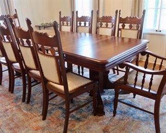 AVAILABLE FOR PRE-SALE - Contact us if interested. Beautiful Antique Dining Table with 10 Antique Original Chairs - 4 Leaves - Recently Redinished - Asking $1495 (plus tax) for Set