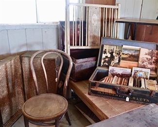 Picker Barn Items - Trunks, Books, Baby Crib Headboard, Vintage Table (sides fold)