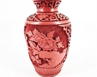 Lot 021
Vintage Carved Cinnabar Bud Vase Lined in Blue Enamel