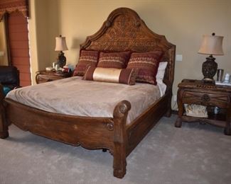 Jason Scott collection King size Wooden master bed frame, 2 night stands, and an Armoire.  Jason Scott Collection 