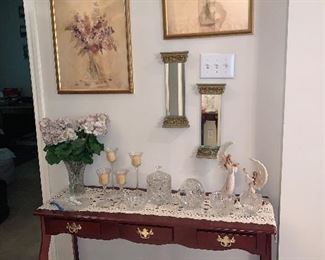 Console Table, Crystal, Mirrors, Framed Art