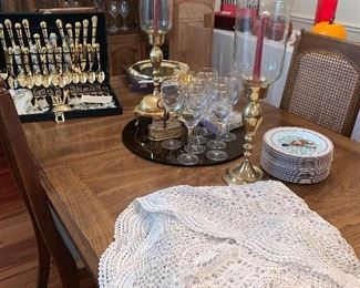 Brass Candle Holders, Crochet Tablecloth 