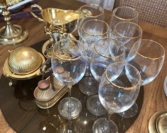 Gold Rim Glasses, Gold Finish Domed Butter, Gold Wash Gravy Warmer Set 