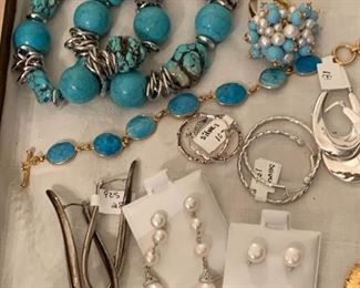 Real Pearls and Silver Earrings, Chunky Turquoise Bracelets