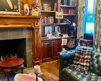 Antique Oil Painting, Green leather Chesterfield sofa, Mark Kirk Kelly clam shell, Antique East Indian Dowery Trunk,