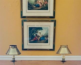 Beautifully Framed Vintage Wall Art and Vintage Brass Lamps