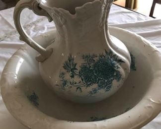 Blue and White Antique Water Pitcher and Bowl