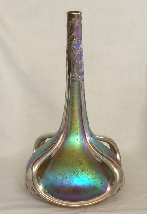 Signed Loetz And Alvin Silver Overlay 12" Art Glass Vase