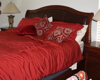 king size bedroom suite - padded leather headboard, pair of end tables, matching lamps