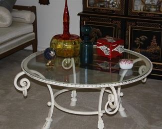 painted brass/iron glass top coffee table
