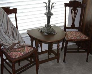 pair of antique tables with small drop-leaf table