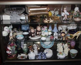 Laligue Nogent compote, porcelain Liberace music box Piano, Marilyn Monroe porcelain figure, Geobel Frair Tuck Salt & Pepper, Trinket boxes, painted Chinese Eggs, Bob Hope music boxes.