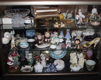 Laligue Nogent compote, porcelain Liberace music box Piano, Marilyn Monroe porcelain figure, Geobel Frair Tuck Salt & Pepper, Trinket boxes, painted Chinese Eggs, Bob Hope music boxes.