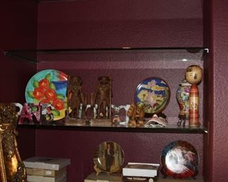 carved wood tribal bookends, collector plates