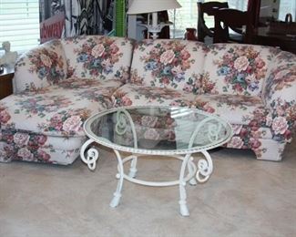 sofa with painted brass/iron glass top coffee table