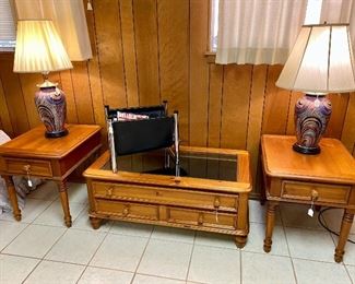 Two end tables with matching TV stand or coffee table, and two matching lamps