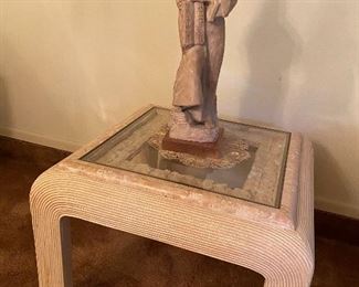 Greek Renaissance  look  end table with small brick inlay made by Mission Furniture Company Los Angeles, $195.00.  Statue of Moses, made in Mexico circa 1960 Price $75.00