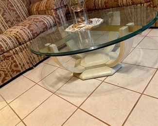 Great vintage look coffee table round top glass with brass accents on top view, see next photos  $250.00
