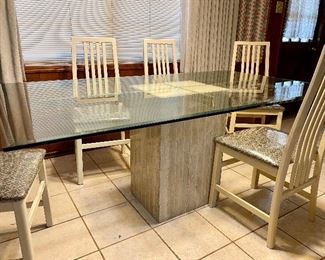Vintage look dining table on stone pedestal with 6 chairs, chairs have a plastic lining that can be removed so they will look brand new, see next photo for fabric look 