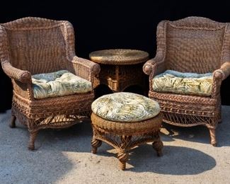 Rattan Chairs, end table & Ottoman