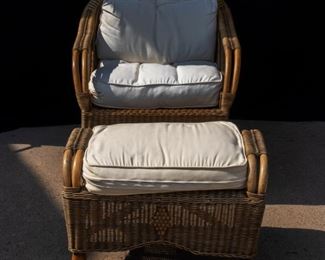  Rattan Chair and Ottoman with white Cushions