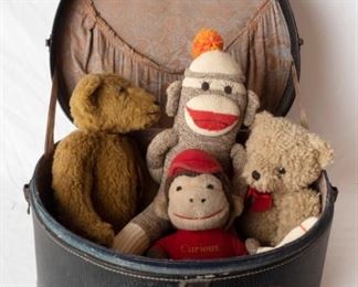  Vintage Leather Hat Box Suit Case & Stuffed Animals including Sock Monkey & vintage curious George Doll