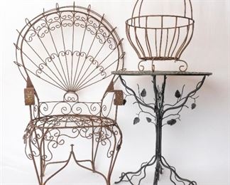 Wrought Iron Chair table and magazine/wood rack