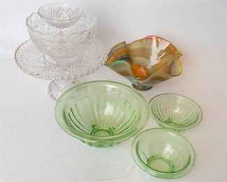 7 Pieces Glassware; crystal, green glass & ripple bowl