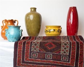 Assorted Pots and Vases and Rug