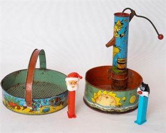 Antique Tin Water and sand Toys and Pez dispensers