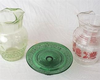 2 pitchers and Green Glass Serving plate.