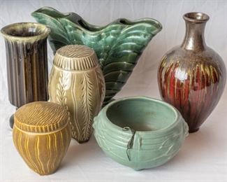 5 ceramic vases one PRP Co Roseville