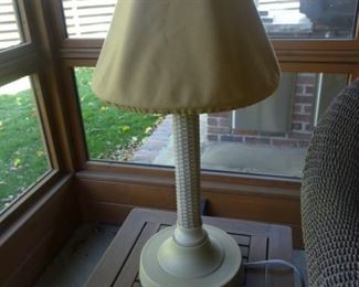 One of a pair of outdoor lamps with washable fabric shades.