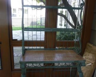 Pictures don't do it justice! Fabulous metal verdigris baker's rack with tile surface and three glass shelves