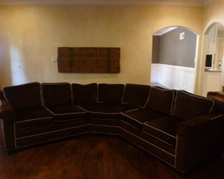 Incredible sectional...not too big! Center section is 80", sides are 52" each. Total curves sectional length is 184". Chocolate brown velvet with cream piping...in pristine condition!