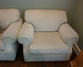 Two Flexsteel off white corduroy overstuffed arm chairs with rolled arms