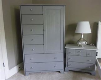 Gray high boy and one of two gray night stands - all with glass knobs. Also, one of two faux mercury glass lamps. Night stands are by Stanley.