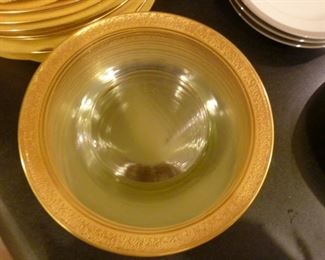 Glass salad/dessert plates with gold rim, 12
