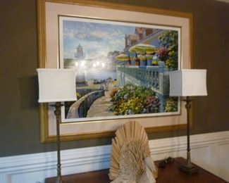 Lovely tropical themed art work beautifully framed. Pair of buffet lamps.