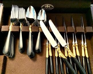 Item 14:  Yamazaki "Lindi" Patrick black gold stainless silverware (12 each of dinner, salad, soup spoon, dessert spoon & knife):   $595